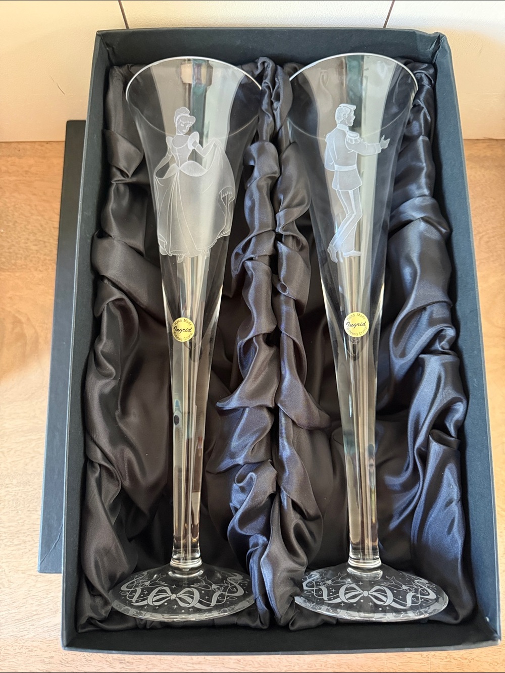 NIB RARE Disney Ingrid Cinderella + Prince Charming Etched Champagne Flutes